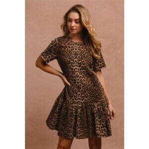 BiBi Tie Back Leopard Round Neck Short Sleeve Dress